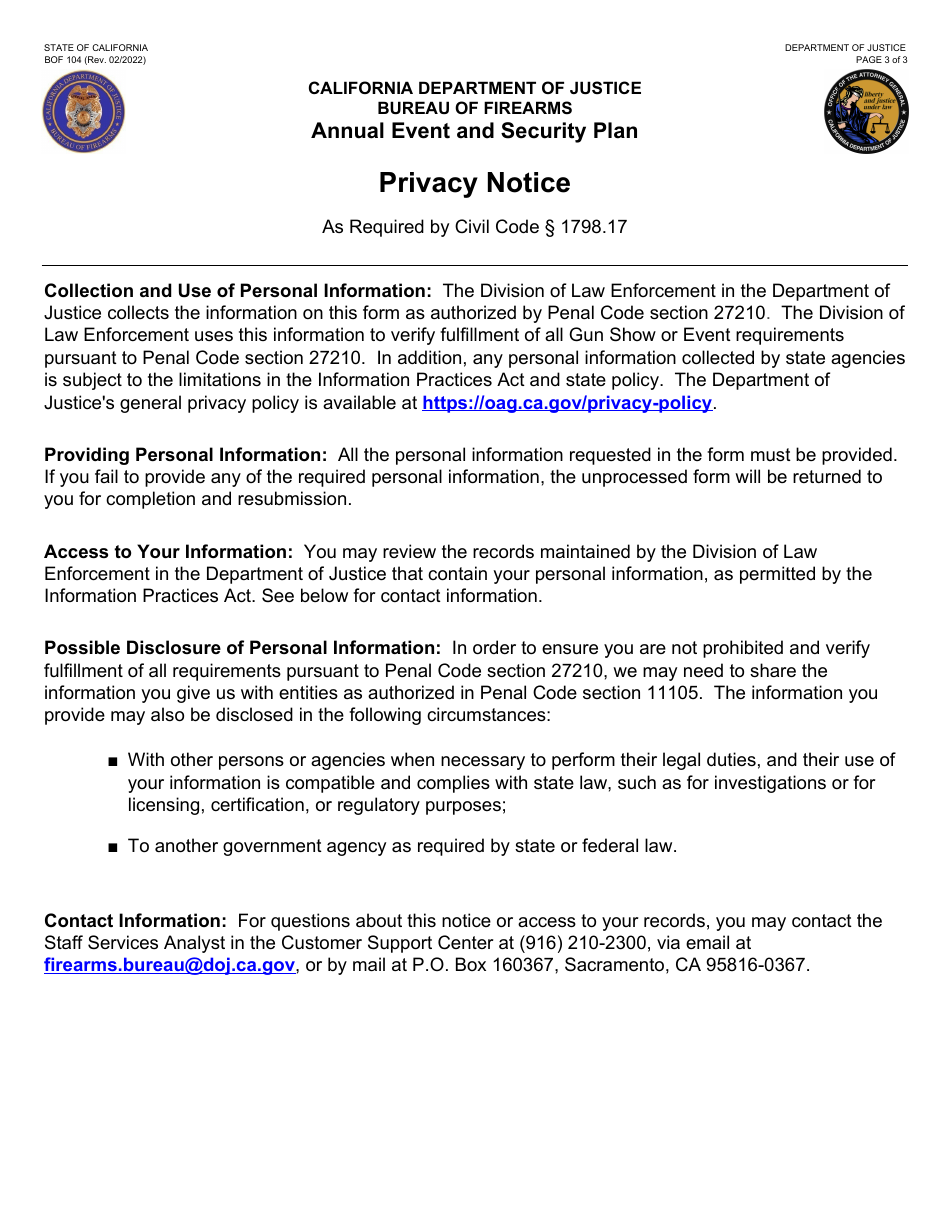 Form BOF104 Annual Event and Security Plan - California, Page 3