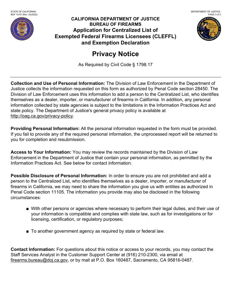 Form BOF10-07 Application for Centralized List of Exempted Federal Firearms Licensees (Cleffl) and Exemption Declaration - California, Page 3