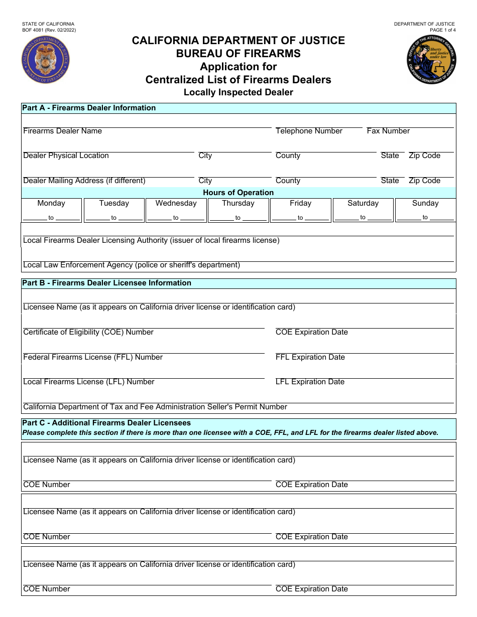 Form BOF4081 Application for Centralized List of Firearms Dealers Locally Inspected Dealer - California, Page 1