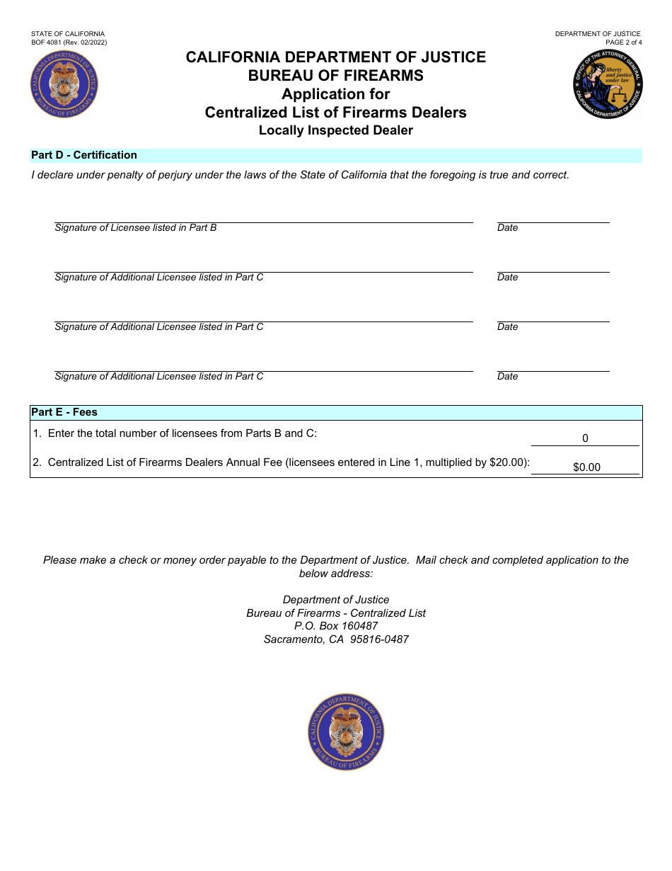 Form BOF4081 Application for Centralized List of Firearms Dealers Locally Inspected Dealer - California, Page 2