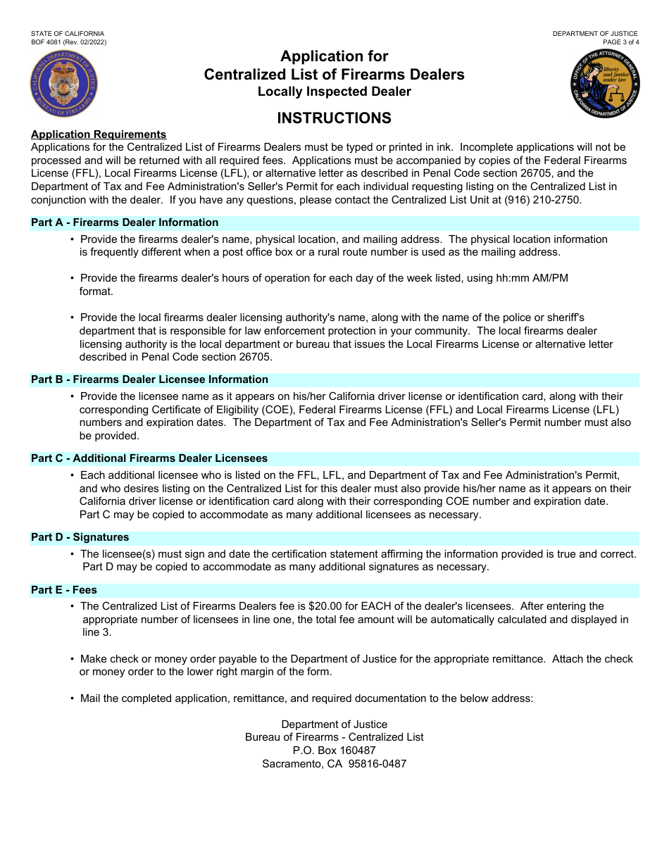 Form BOF4081 Application for Centralized List of Firearms Dealers Locally Inspected Dealer - California, Page 3
