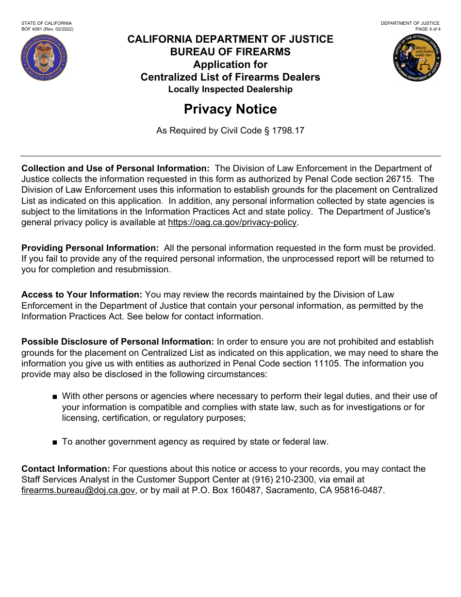 Form BOF4081 Application for Centralized List of Firearms Dealers Locally Inspected Dealer - California, Page 4