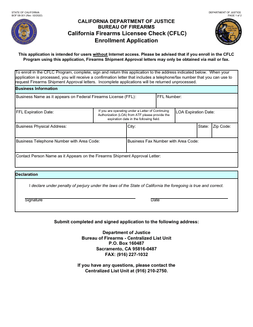 Form BOF08-301 California Firearms Licensee Check (Cflc) Enrollment Application - California, 2022