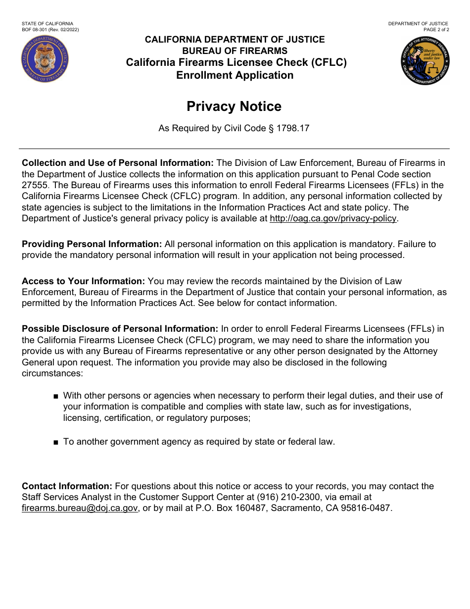 Form BOF08-301 California Firearms Licensee Check (Cflc) Enrollment Application - California, Page 2