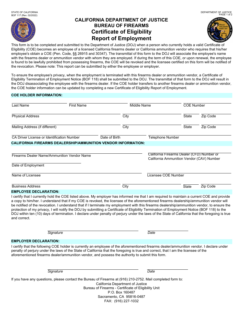 Form BOF117 Certificate of Eligibility Report of Employment - California, Page 1