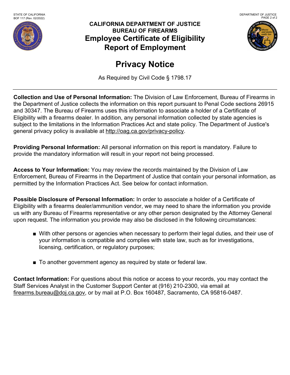Form BOF117 Certificate of Eligibility Report of Employment - California, Page 2