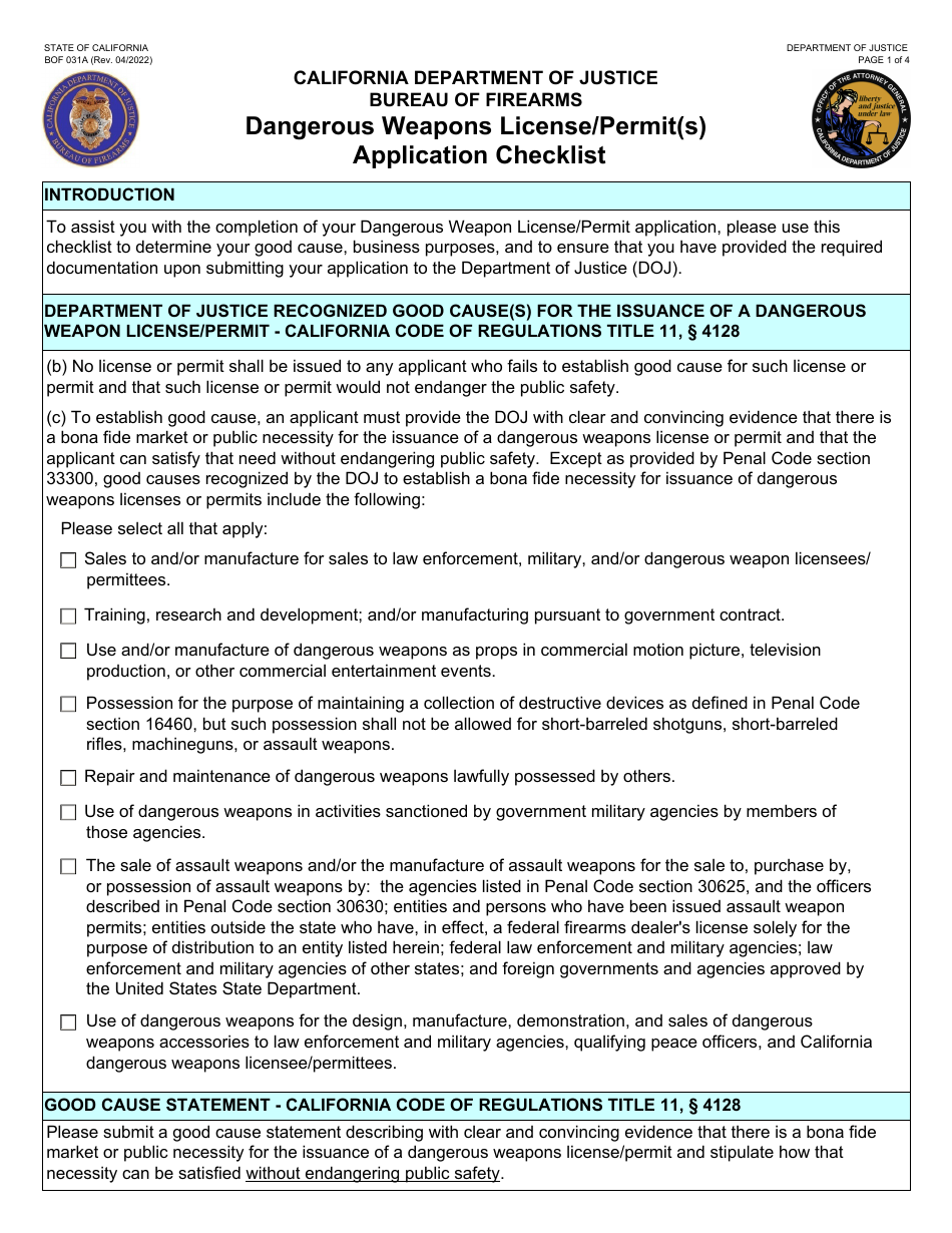 Form BOF031A Dangerous Weapons License / Permit(S) Application Checklist - California, Page 1