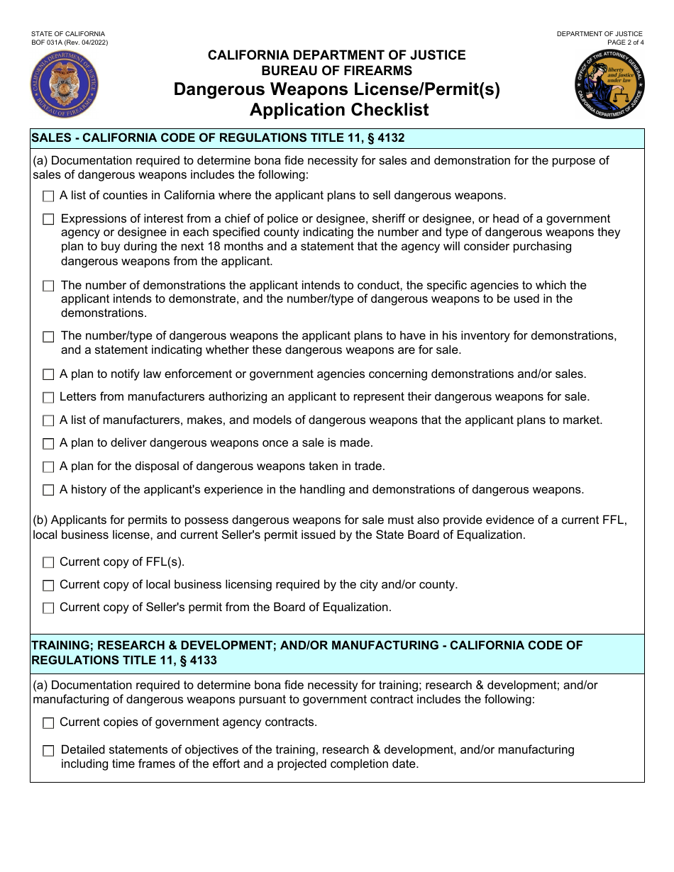 Form BOF031A Dangerous Weapons License / Permit(S) Application Checklist - California, Page 2