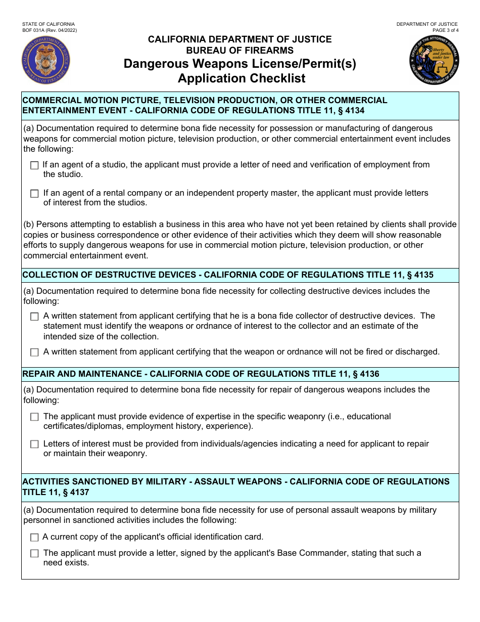 Form BOF031A Dangerous Weapons License / Permit(S) Application Checklist - California, Page 3