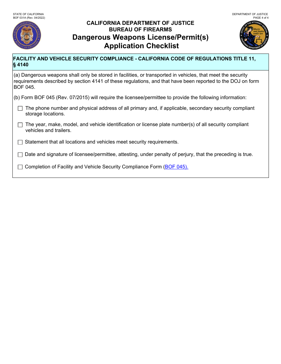 Form BOF031A Dangerous Weapons License / Permit(S) Application Checklist - California, Page 4