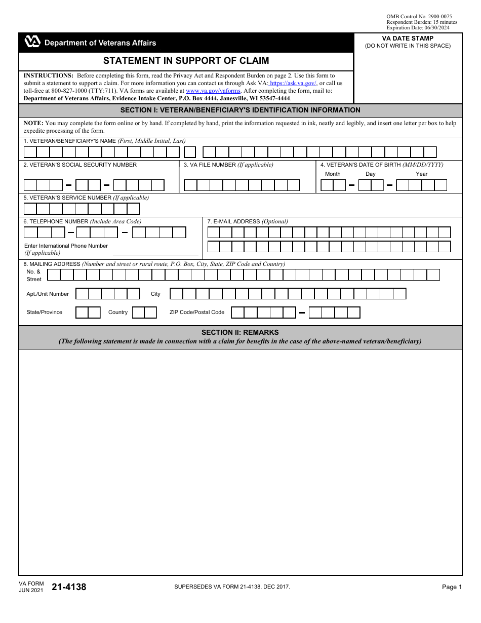 VA Form 21-4138 Statement in Support of Claim, Page 1
