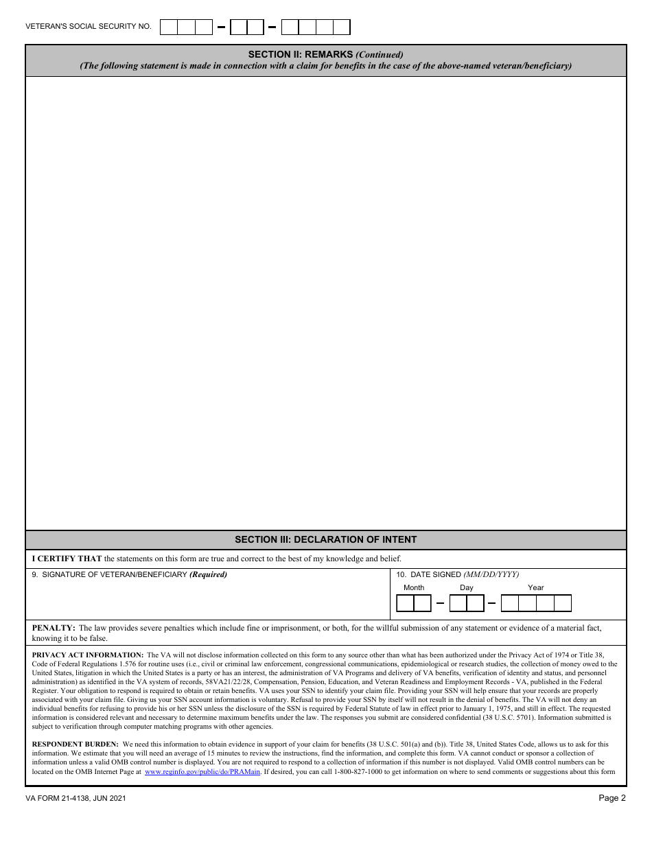 VA Form 21 4138 Download Fillable PDF Or Fill Online Statement In Support Of Claim 2017 2024