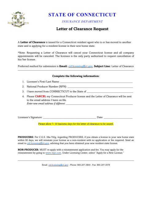 Letter of Clearance Request - Connecticut Download Pdf