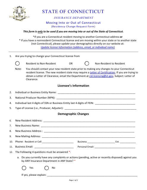 Residency Change Request Form - Connecticut Download Pdf