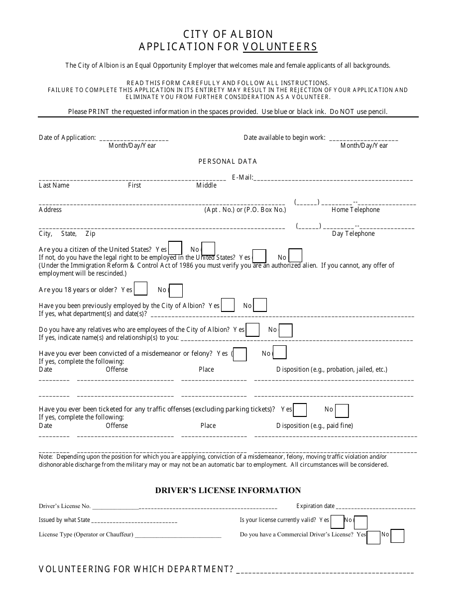 City of Albion, Michigan Application for Volunteers - Fill Out, Sign ...