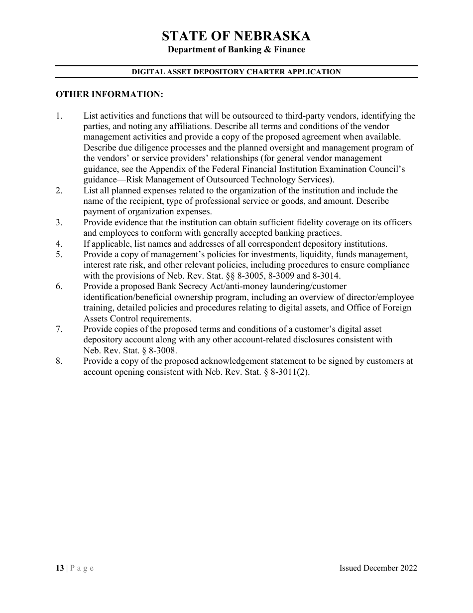 Digital Asset Depository Charter Application - Nebraska, Page 13