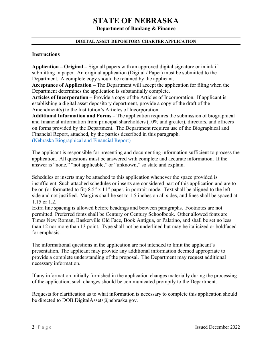 Digital Asset Depository Charter Application - Nebraska, Page 2