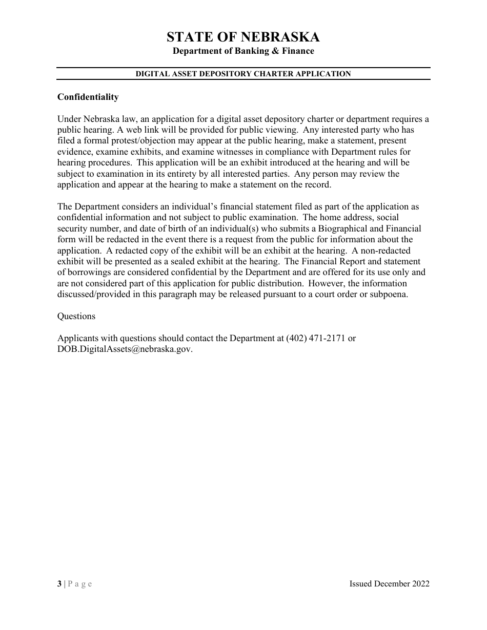 Digital Asset Depository Charter Application - Nebraska, Page 3