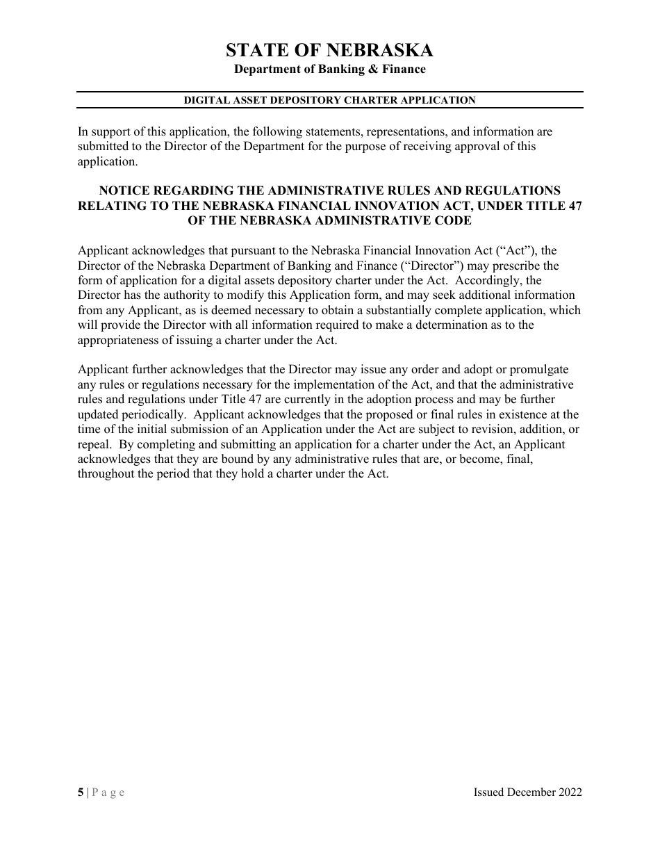 Digital Asset Depository Charter Application - Nebraska, Page 5