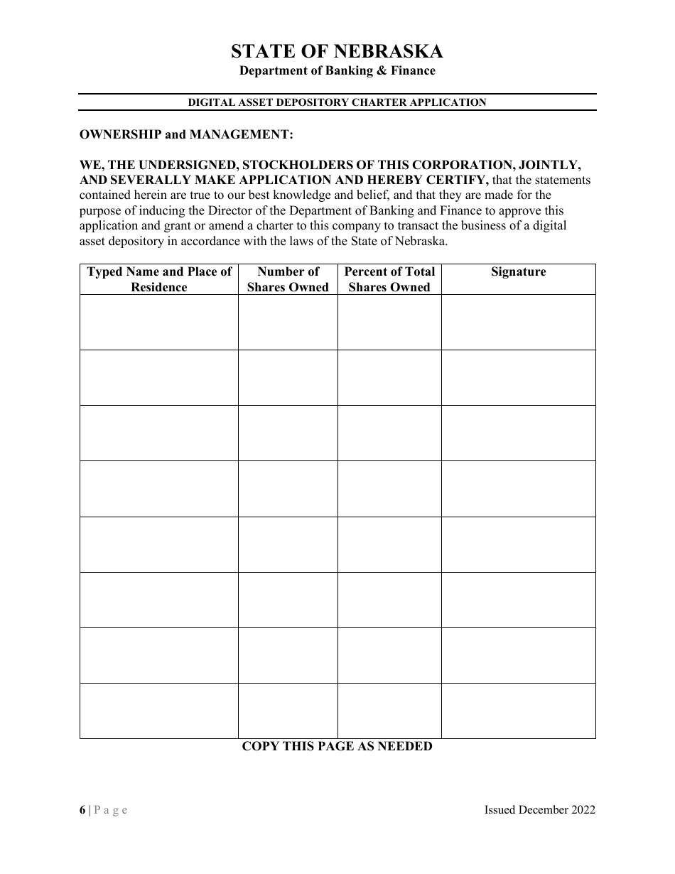 Digital Asset Depository Charter Application - Nebraska, Page 6