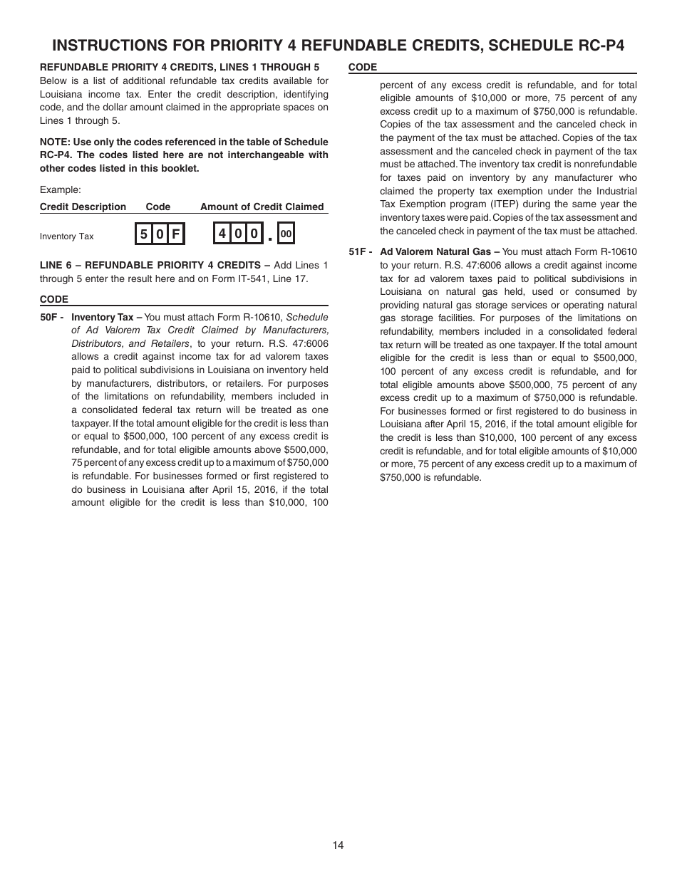Instructions for Form IT-541 Fiduciary Income Tax Return - Louisiana, Page 14