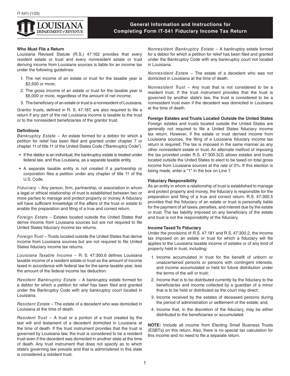 Instructions for Form IT-541 Fiduciary Income Tax Return - Louisiana, Page 1