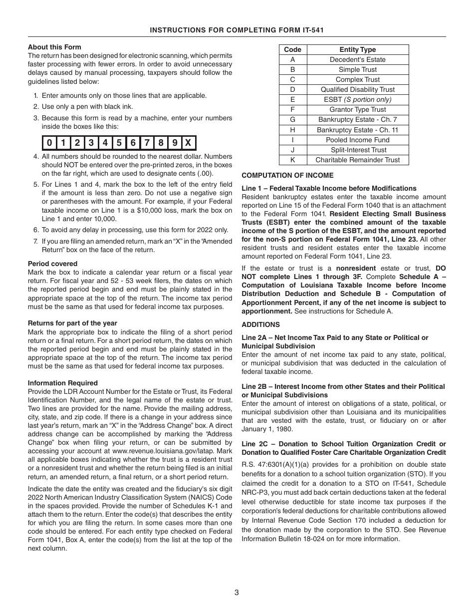 Instructions for Form IT-541 Fiduciary Income Tax Return - Louisiana, Page 3