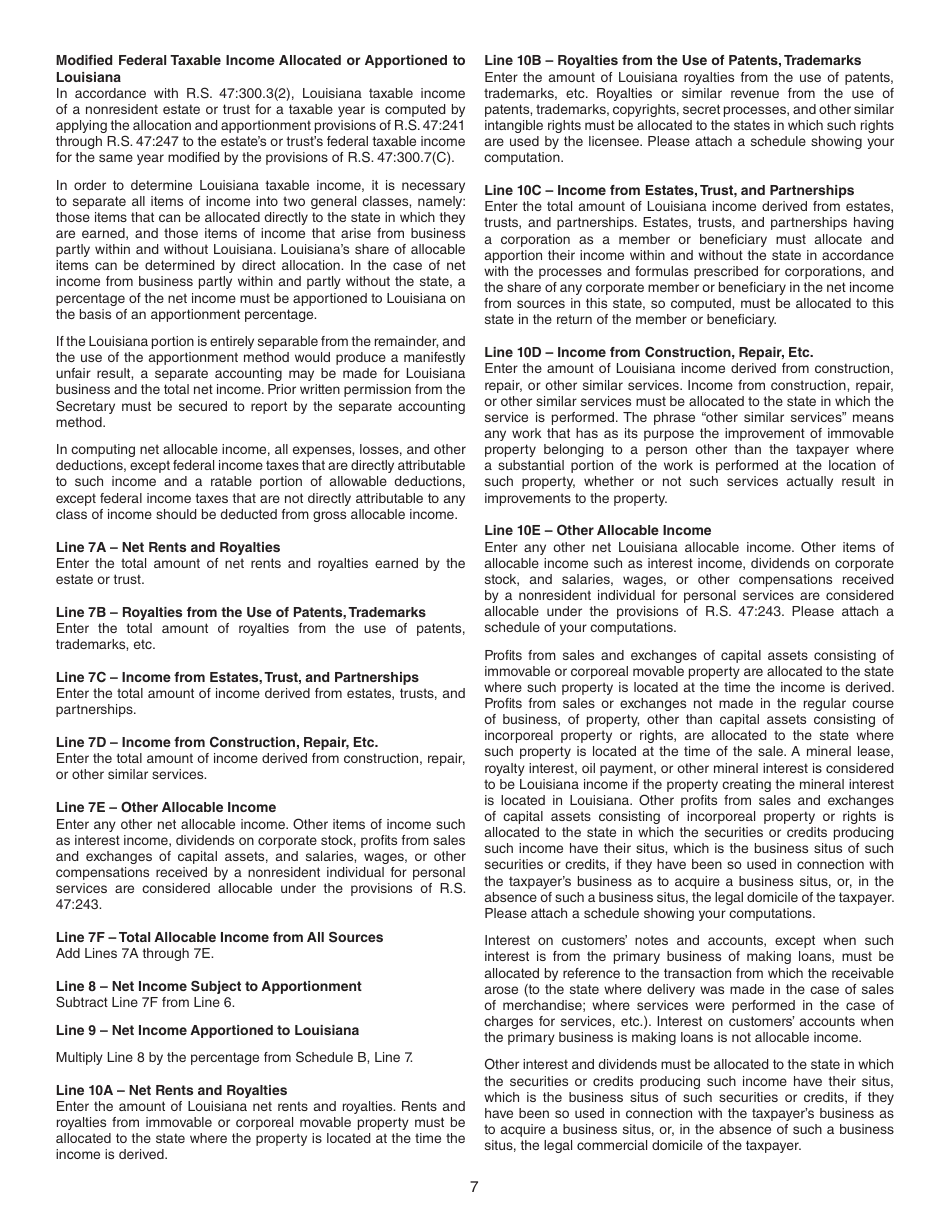 Instructions for Form IT-541 Fiduciary Income Tax Return - Louisiana, Page 7