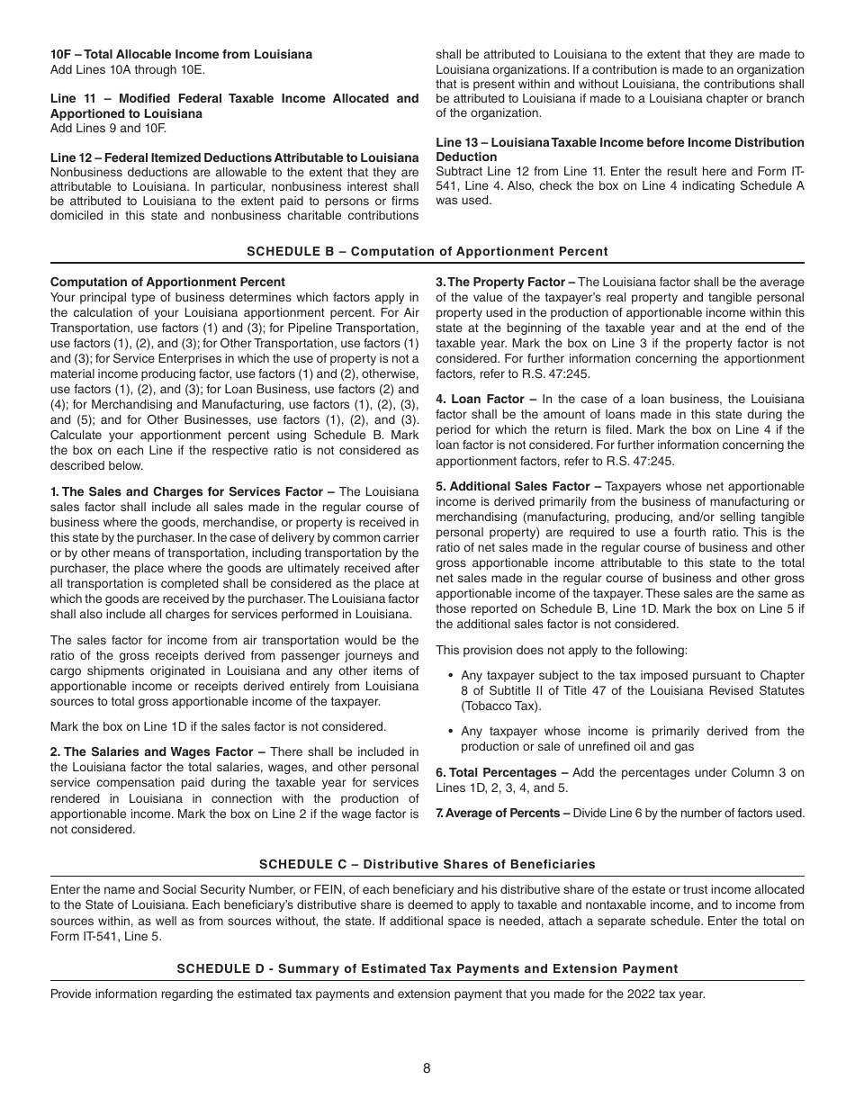 Instructions for Form IT-541 Fiduciary Income Tax Return - Louisiana, Page 8