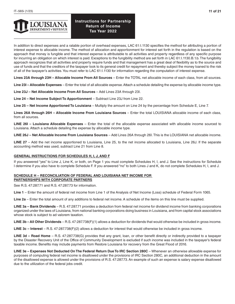 Instructions for Form IT-565 Partnership Return of Income - Louisiana, Page 11