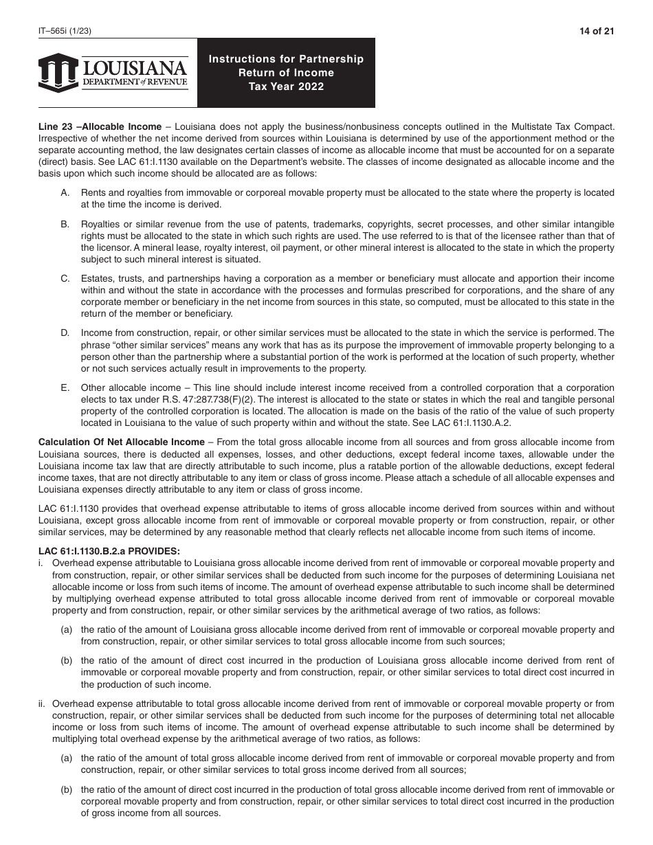 Instructions for Form IT-565 Partnership Return of Income - Louisiana, Page 14