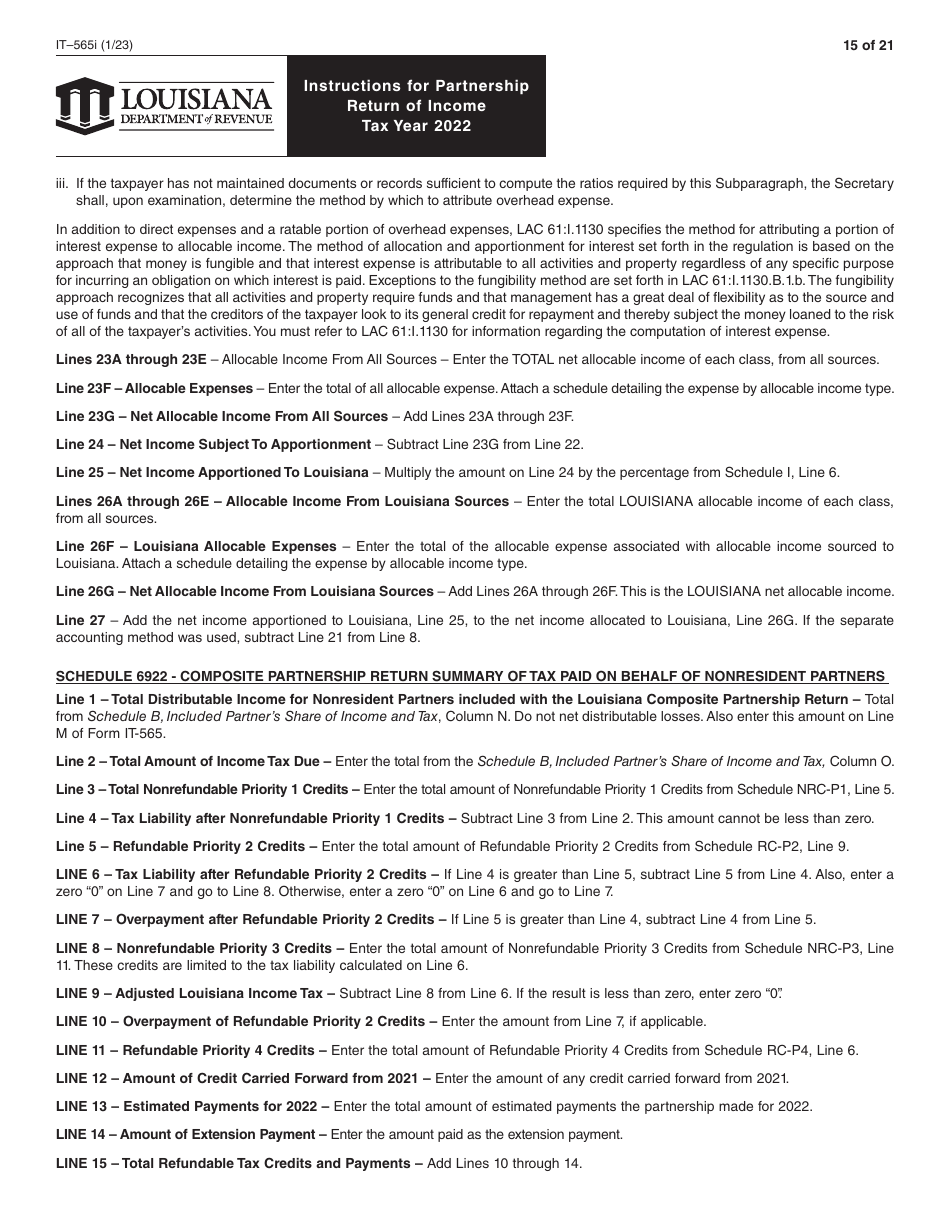 Instructions for Form IT-565 Partnership Return of Income - Louisiana, Page 15