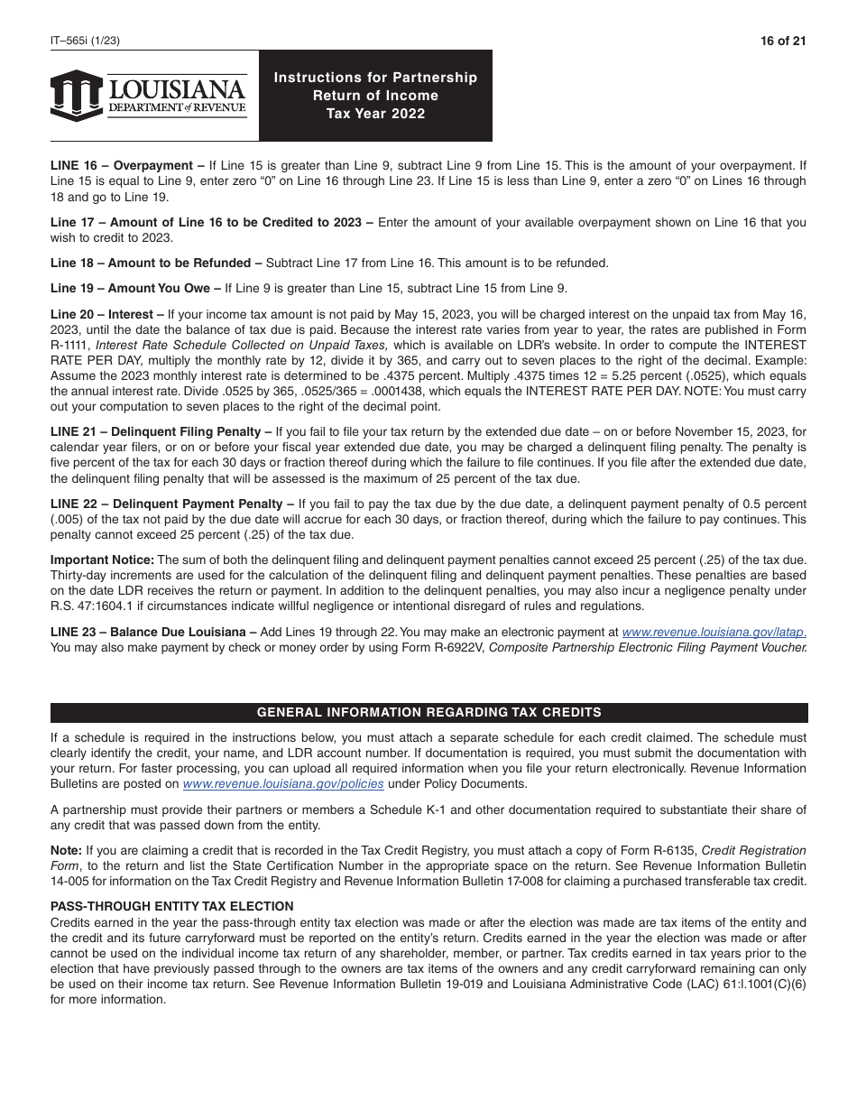 Instructions for Form IT-565 Partnership Return of Income - Louisiana, Page 16