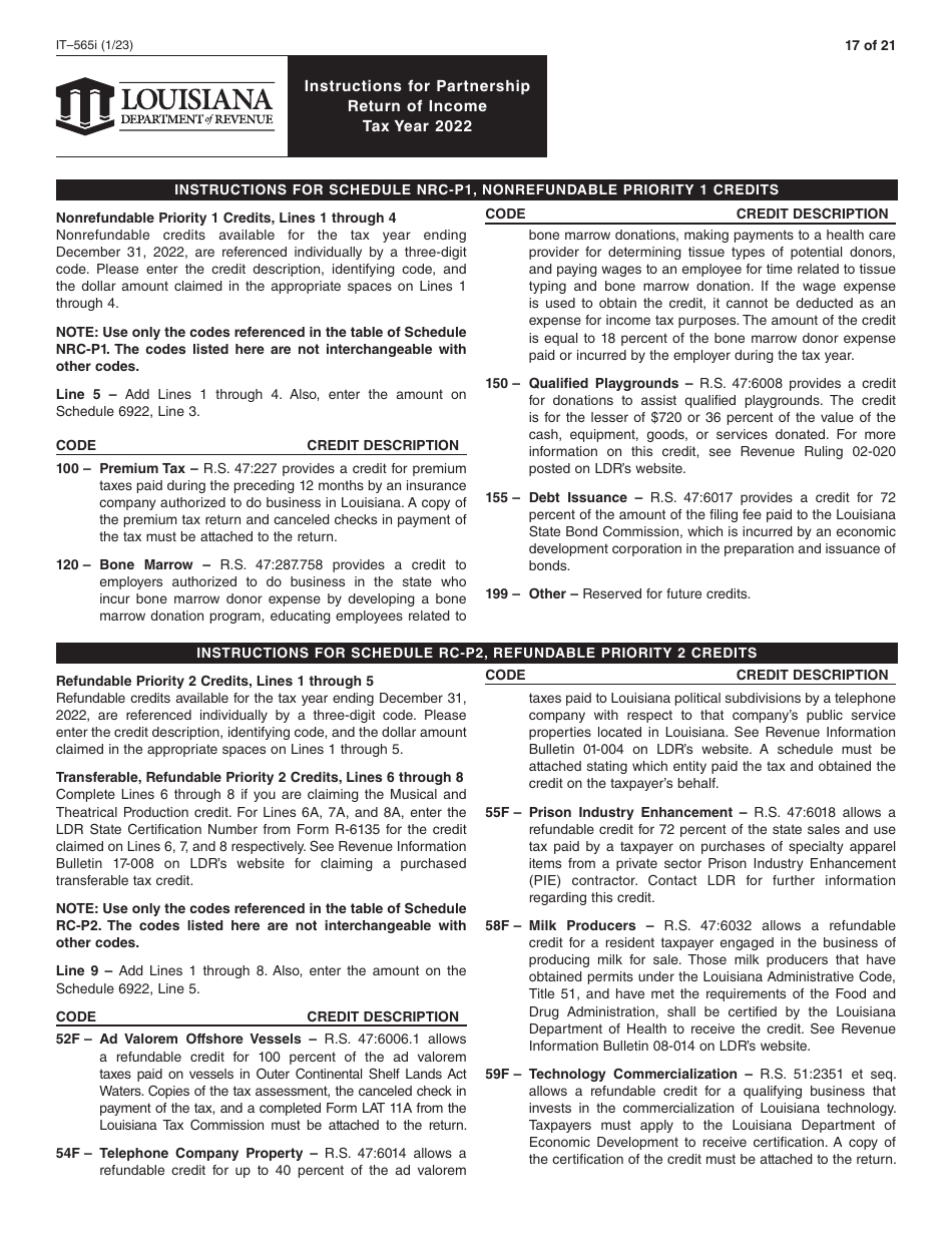 Instructions for Form IT-565 Partnership Return of Income - Louisiana, Page 17