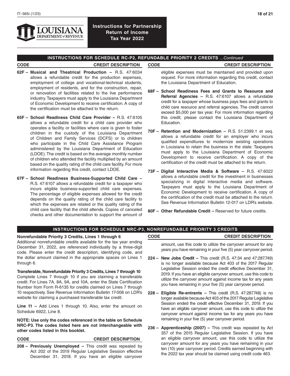 Instructions for Form IT-565 Partnership Return of Income - Louisiana, Page 18