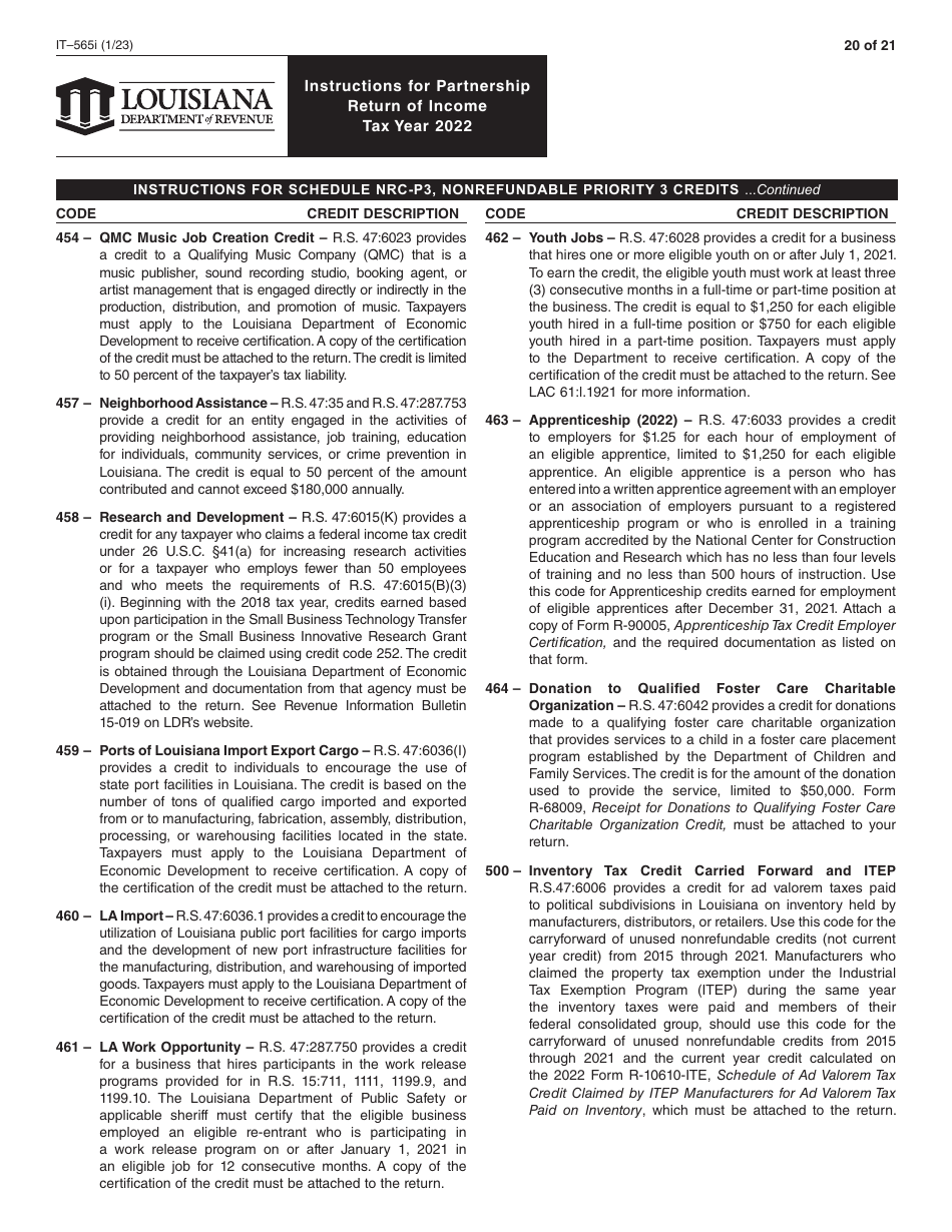 Instructions for Form IT-565 Partnership Return of Income - Louisiana, Page 20