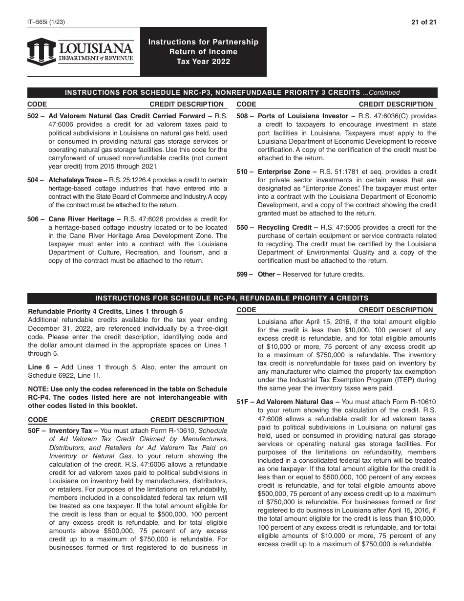 Instructions for Form IT-565 Partnership Return of Income - Louisiana, Page 21