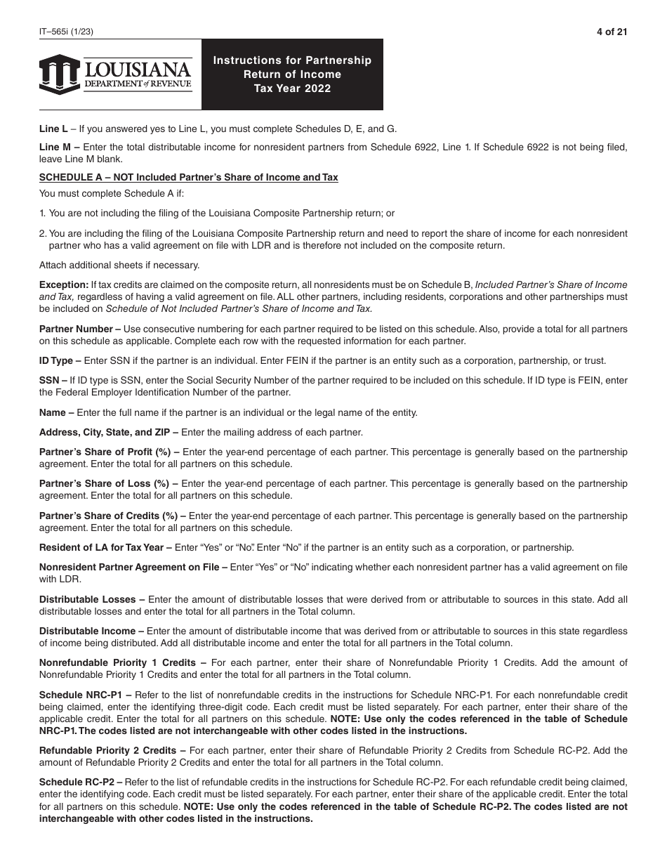 Instructions for Form IT-565 Partnership Return of Income - Louisiana, Page 4