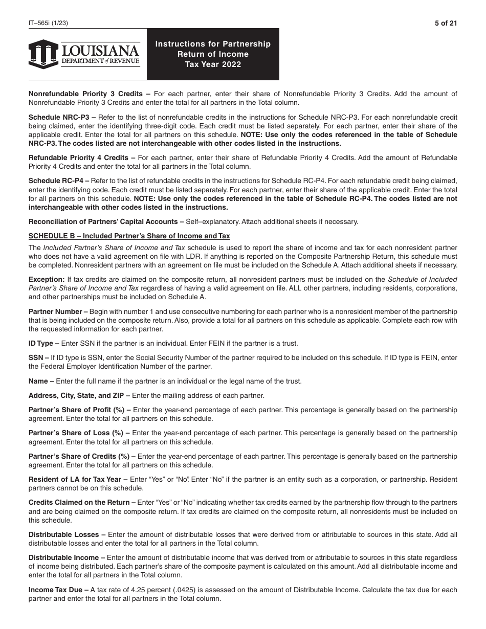 Instructions for Form IT-565 Partnership Return of Income - Louisiana, Page 5