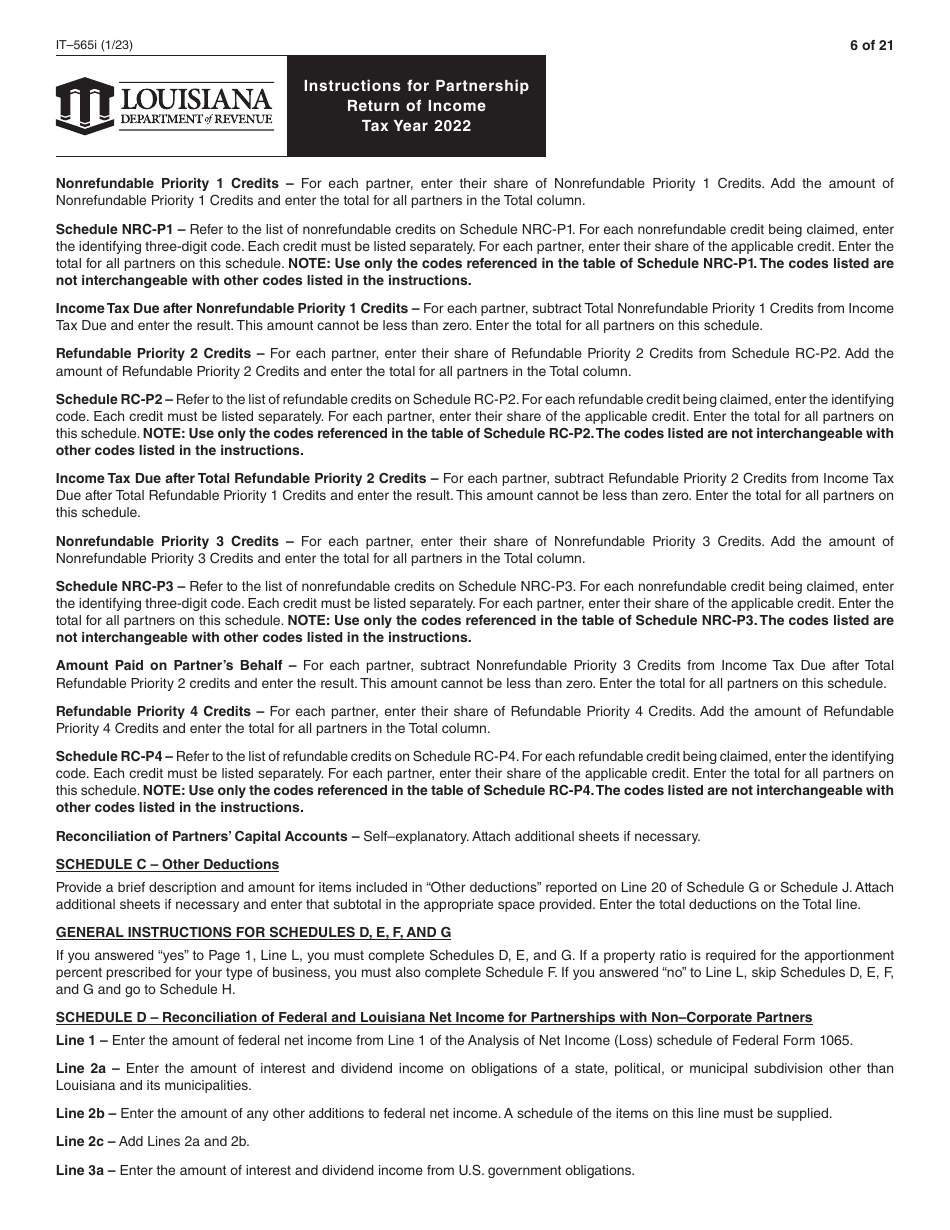 Instructions for Form IT-565 Partnership Return of Income - Louisiana, Page 6