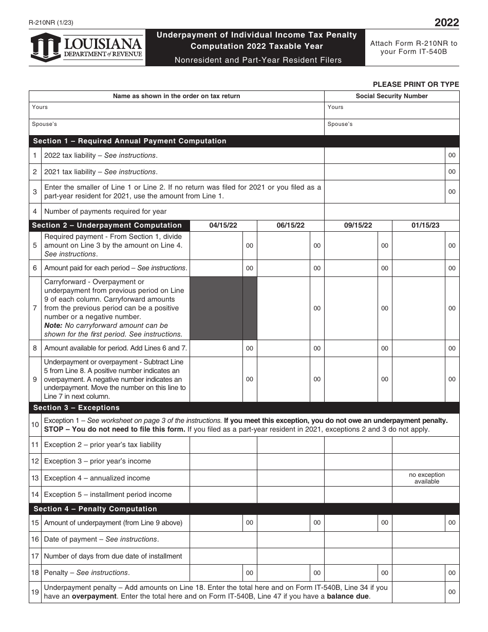 Form R-210NR Underpayment of Individual Income Tax Penalty Computation - Nonresident and Part-Year Resident Filers - Louisiana, Page 1