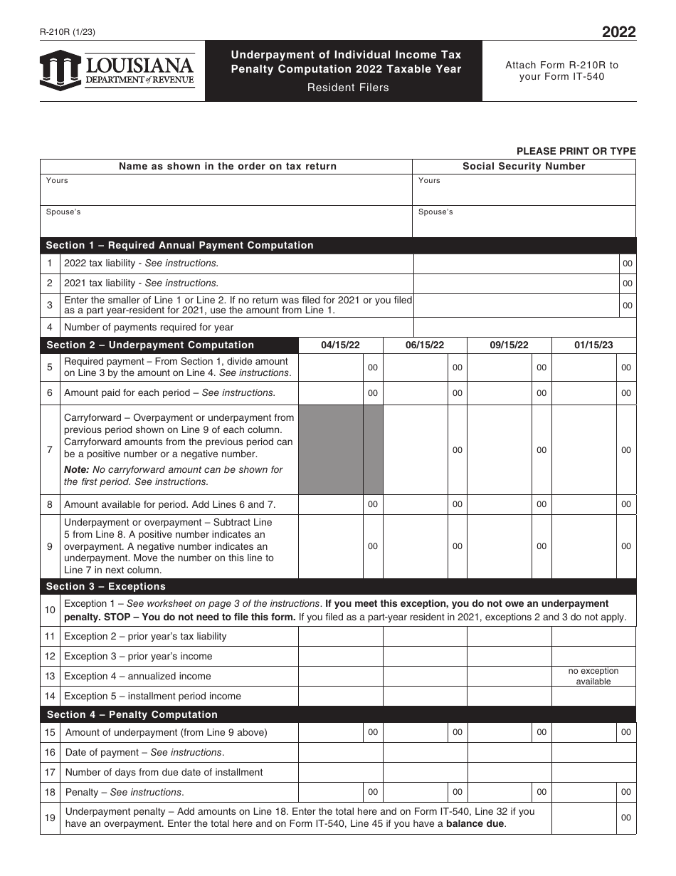 Form R-210R Underpayment of Individual Income Tax Penalty Computation - Resident Filers - Louisiana, Page 1