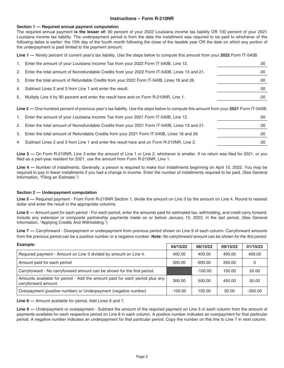 Instructions for Form R-210NR Underpayment of Individual Income Tax Penalty Computation - Nonresident and Part-Year Resident Filers - Louisiana, Page 2