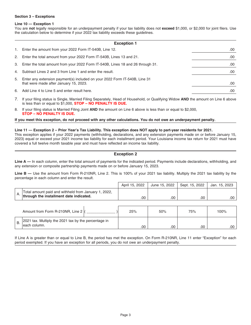 Instructions for Form R-210NR Underpayment of Individual Income Tax Penalty Computation - Nonresident and Part-Year Resident Filers - Louisiana, Page 3