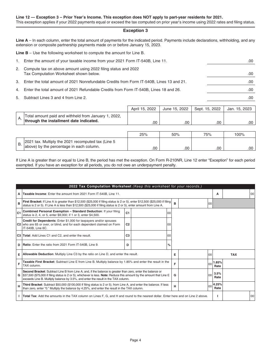 Instructions for Form R-210NR Underpayment of Individual Income Tax Penalty Computation - Nonresident and Part-Year Resident Filers - Louisiana, Page 4