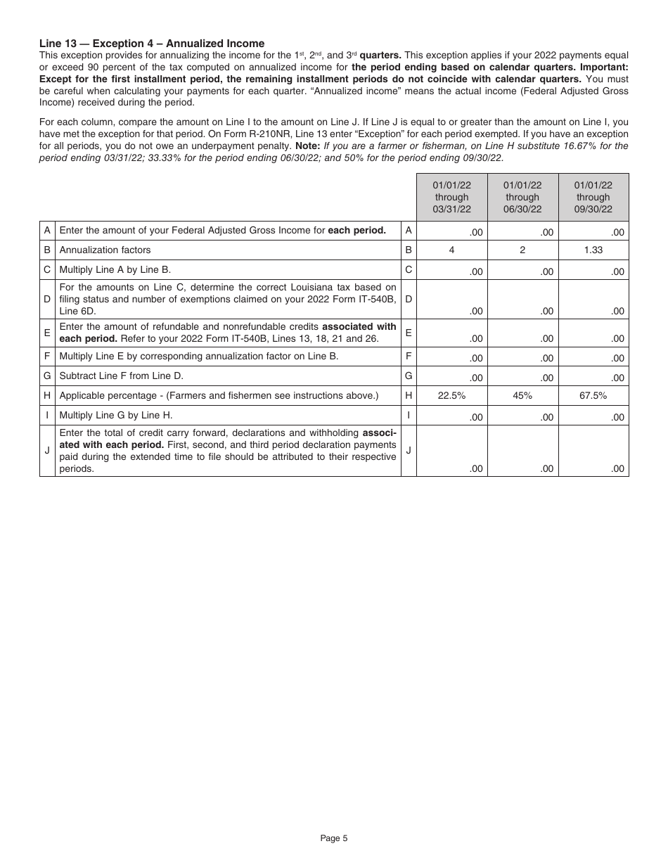 Instructions for Form R-210NR Underpayment of Individual Income Tax Penalty Computation - Nonresident and Part-Year Resident Filers - Louisiana, Page 5