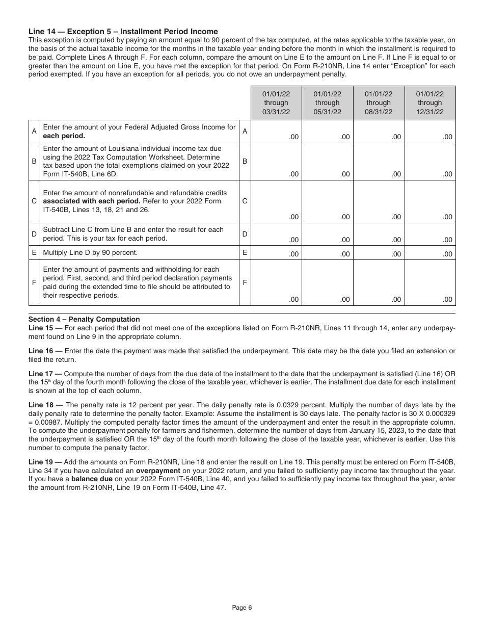 Instructions for Form R-210NR Underpayment of Individual Income Tax Penalty Computation - Nonresident and Part-Year Resident Filers - Louisiana, Page 6
