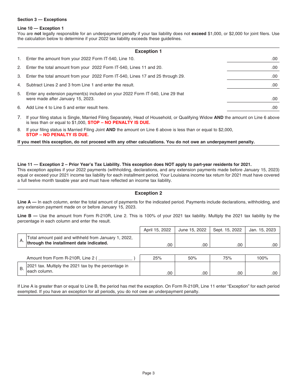 Instructions for Form R-210R Underpayment of Individual Income Tax Penalty Computation - Resident Filers - Louisiana, Page 3