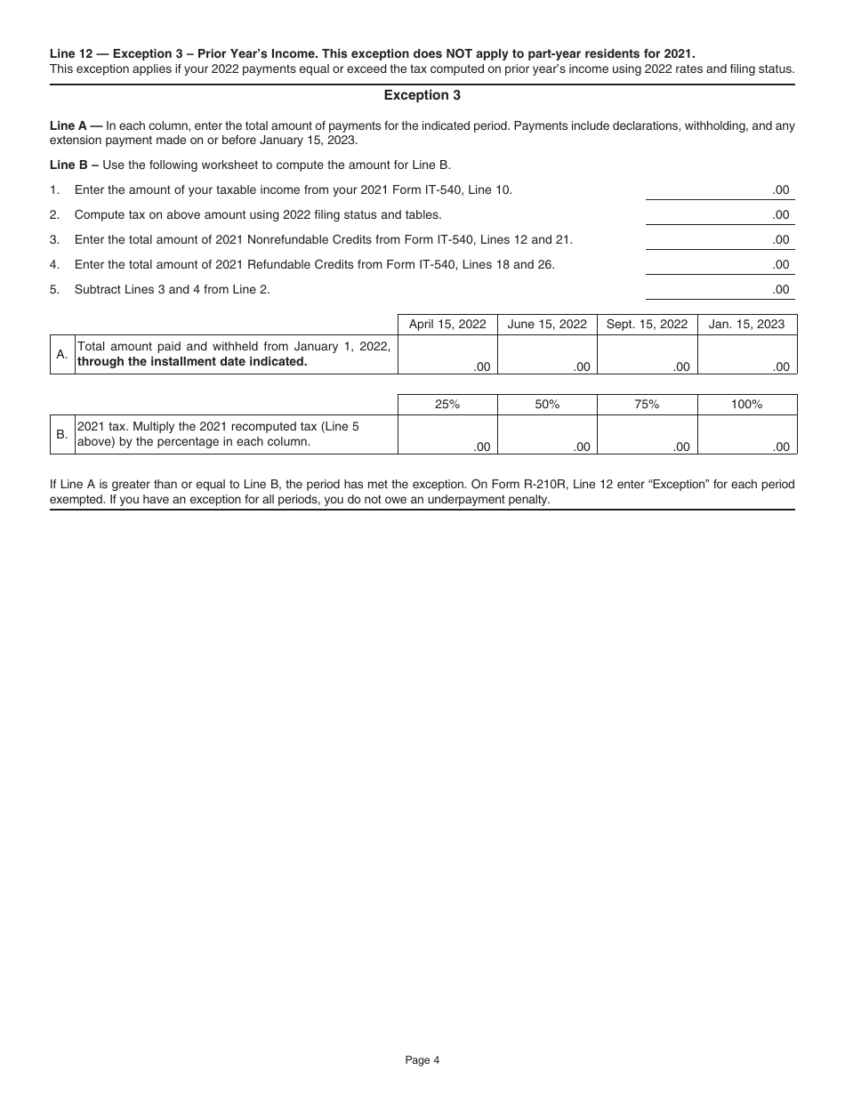 Instructions for Form R-210R Underpayment of Individual Income Tax Penalty Computation - Resident Filers - Louisiana, Page 4