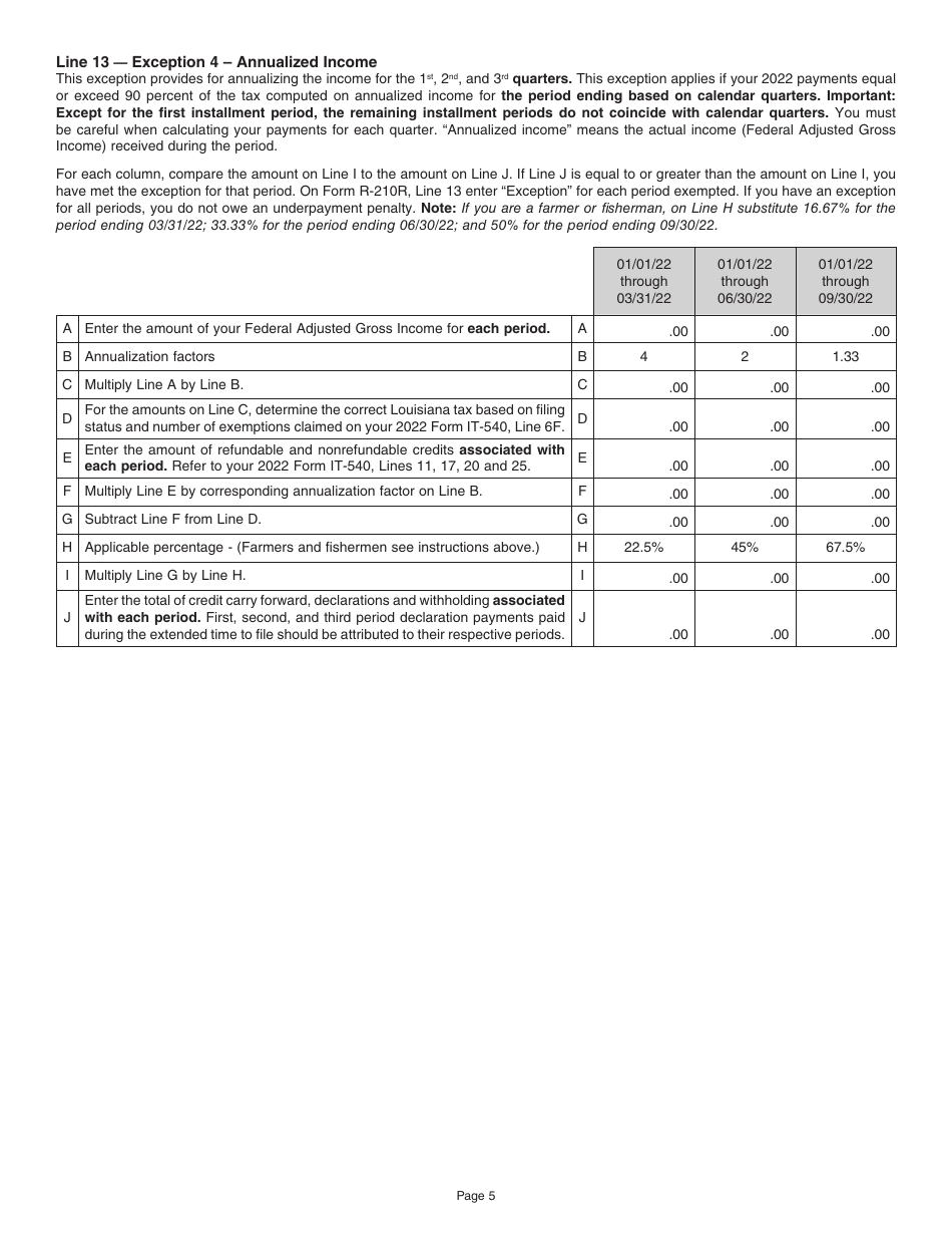 Instructions for Form R-210R Underpayment of Individual Income Tax Penalty Computation - Resident Filers - Louisiana, Page 5